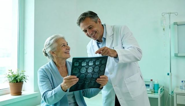 Doctor and senior woman reviewing brain mri scans during friendly clinic consultation