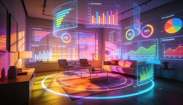 Futuristic living room with floating holographic analytics and neon data projections