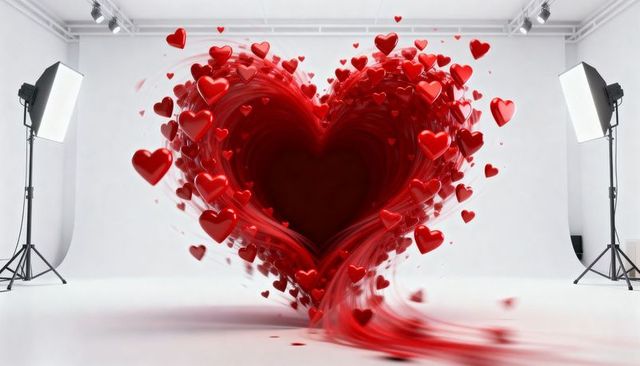Spinning red heart ribbon swirl forming floating glossy hearts in white studio