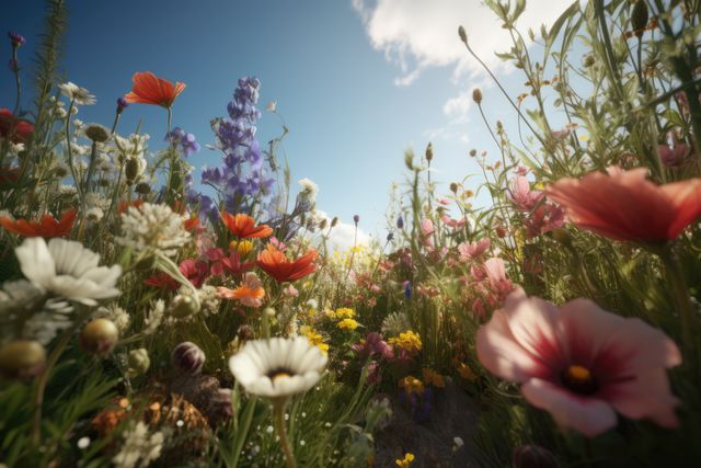 Vibrant wildflower meadow with a mix of blooming flowers, bathed in sunlight under a clear blue sky. Ideal for nature promotions, environmental awareness campaigns, gardening websites, and season-themed content highlighting the beauty of spring and outdoor scenery.