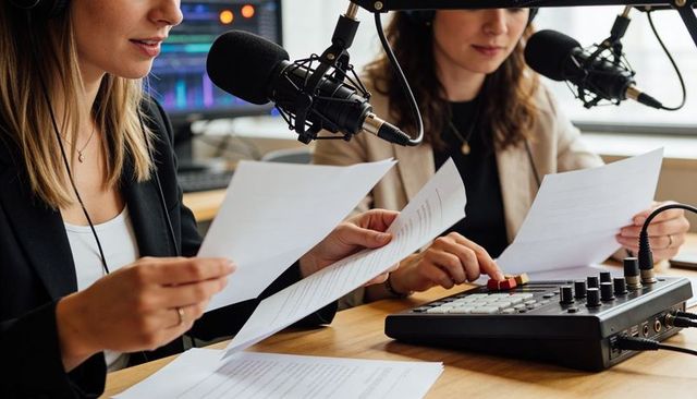 Recording two women podcast hosts reading scripts and mixing audio on desktop console