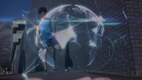 Man Lunging Beside Brick Wall with Futuristic Digital Earth Hologram