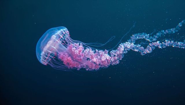 Bioluminescent jellyfish gracefully drifting in deep ocean