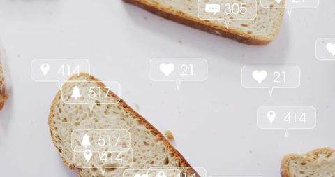 Angled multigrain bread slice with social media notification overlays for food ecommerce