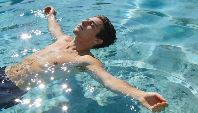 Young man floating on back in sunlit pool with sparkling reflections and calm ripples