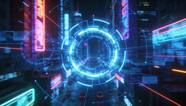 Neon holographic hud overlay projecting futuristic blue rings over cyberpunk city street