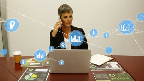 Businesswoman Analyzing Data Through Network Communication