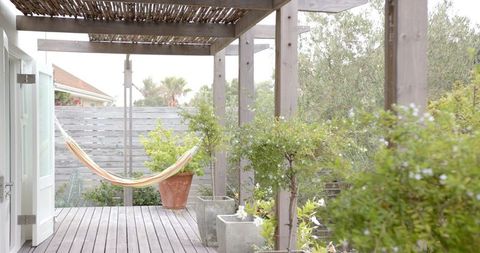 Hammock hanging on wooden deck surrounded by lush greenery
