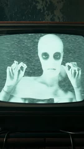 Haunted CRT TV Revealing Pale Masked Specter Through Flickering Static Vertical Horror Footage