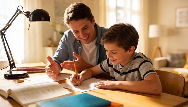Father helping son with homework at home table, tutoring, learning and family bonding