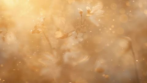 Pale Blossoms Basking in Golden Sunlight with Dreamy Bokeh and Pollen Motes