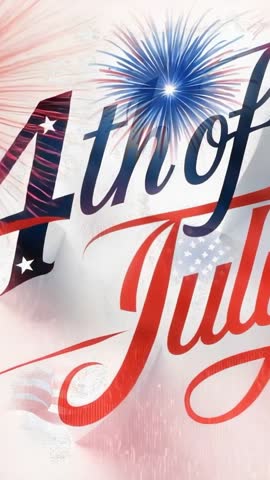 Vertical 4th of July Fireworks Burst Behind Patriotic Script with Red Blue Flag Motif