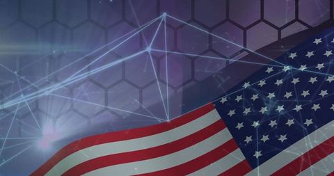 Waving american flag over futuristic digital network with hex grid and light nodes