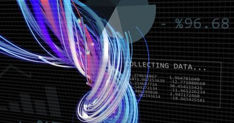 Spiraling Neon Data Stream Flowing Through Virtual Analytics Grid with Numeric Readouts