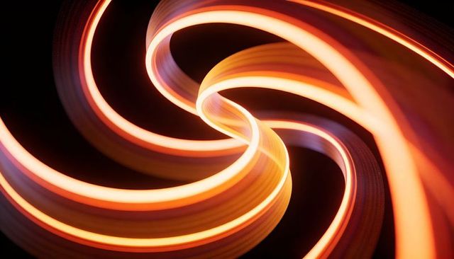 Swirling neon ribbon light trails forming s-shaped spiral with warm orange gradient