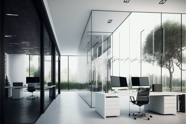 Office depicting a modern interior design with ample natural light streaming through large glass walls. Features minimalist furniture including white desks and office chairs. Suitable for illustrating business environments, architecture, workplace efficiency, and contemporary office setups.