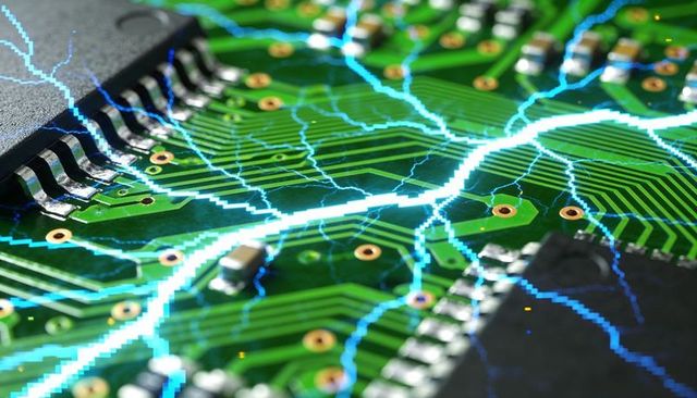 Pcb closeup showing blue electric arcs across copper traces and ics, power surge