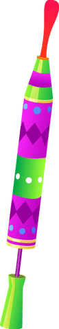 Festive party popper vector with green and magenta stripes on transparent background