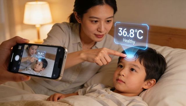 Mother checking child forehead temperature via smartphone holographic display 36.8°c