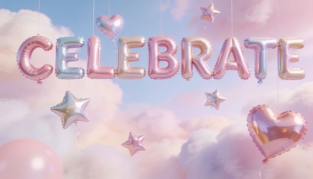 Floating metallic foil balloons spelling celebrate in pastel sky with stars and hearts