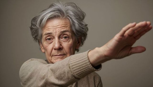 Contemplative senior woman extending arm across frame, grey hair, warm neutral tones