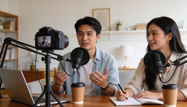 Young duo recording engaging home podcast with professional microphones and camera