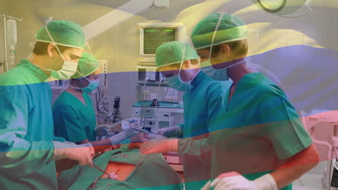 Colombian Flag Over Portrait Diverse Surgical Team in Operating Room