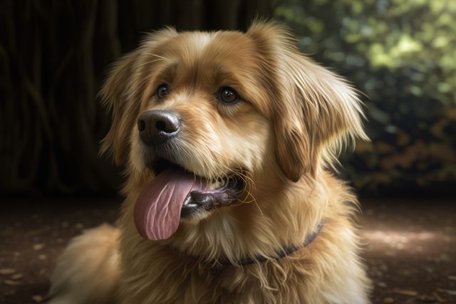 Close up of beige dog sticking tongue out in forest created using generative ai technology. Animals, dog and pet concept digitally generated image.