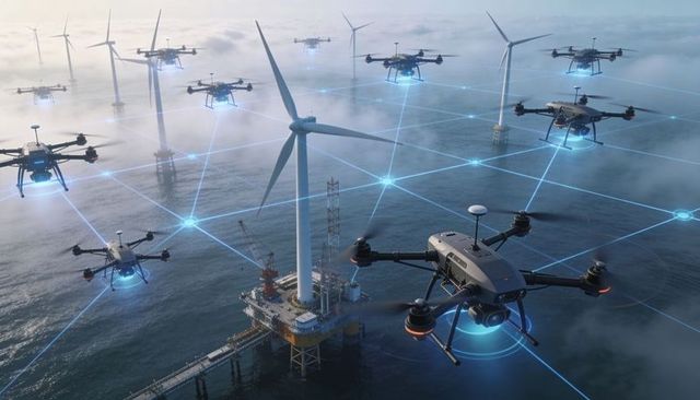 Autonomous Drone Fleet Inspecting Offshore Wind Turbines over AI Grid for Energy Monitoring