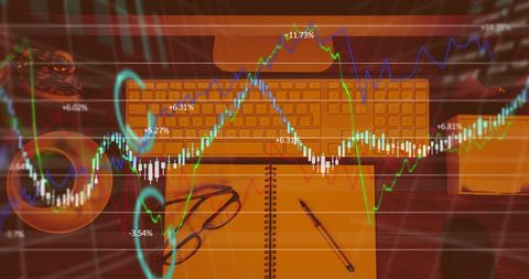 Financial Data Overlay on Workspace with Office Supplies - Download Free Stock Images Pikwizard.com