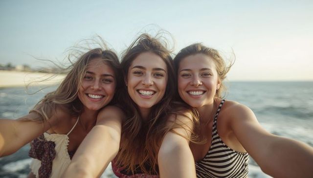Smiling friends taking beach selfie enjoying sunlit windblown summer vacation vibes
