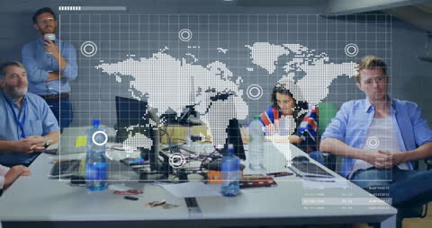 Diverse Team Analyzing Global Data with Digital Interface