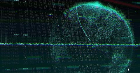 Neon Holographic Data Globe with Telemetry Waveform, Code Matrix and Global Visualization