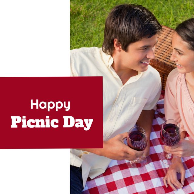 Happy Picnic Day Greeting with Biracial Couple Enjoying Wine - Download Free Stock Templates Pikwizard.com