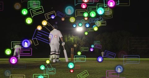 Night cricket batter holding bat under floodlights with floating social media commentary