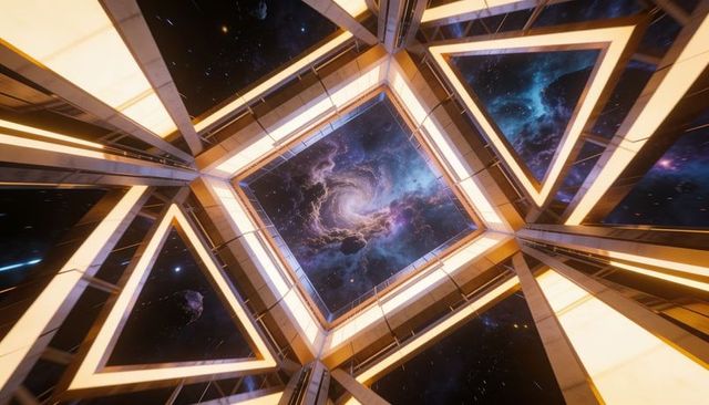 Futuristic space station atrium with illuminated triangular beams framing spiral galaxy vortex