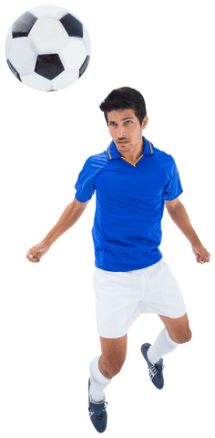 Dynamic latino football player jumping to strike ball on transparent background