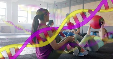 Diverse Women Cross Training with DNA Helix Graphic Overlay