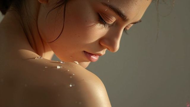 Closeup warm portrait woman closing eyes with water droplets on shoulder, hoop earring