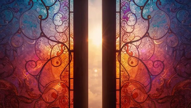 Sunlit Stained Glass Doorway with Ornate Scrollwork