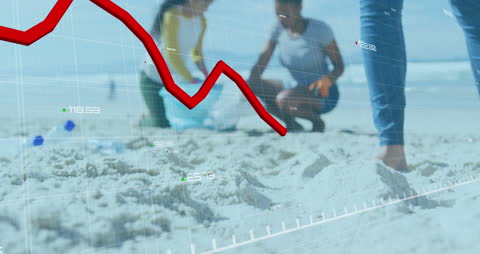 Declining Graph Overlaid on Group Beach Cleanup Scene