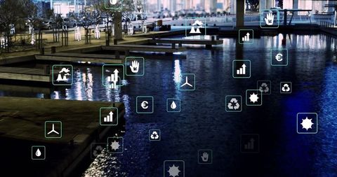 Futuristic Digital Icons Hover Over Urban Waterfront at Night