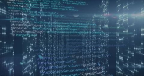 Futuristic Glowing Coding Snippets in a Digital Virtual Grid