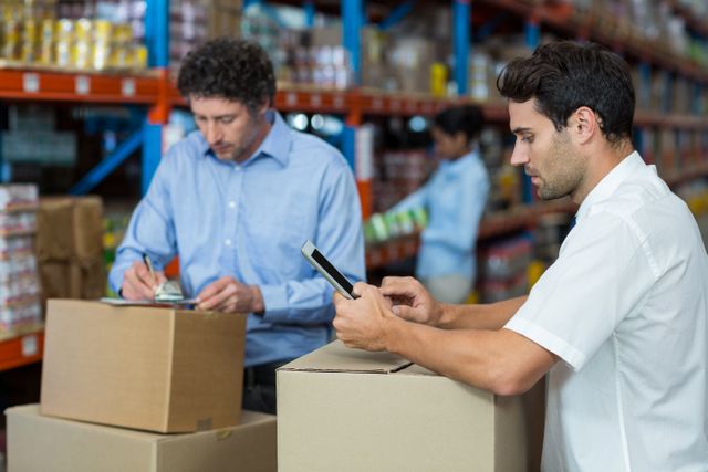 Two warehouse workers are managing inventory in a large storage facility. One worker is using a tablet to check stock, while the other is writing on a clipboard. This image is ideal for illustrating concepts related to logistics, supply chain management, teamwork, and industrial operations.