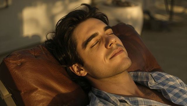 Young man basking in golden hour sunlight on leather cushion relaxed terrace portrait