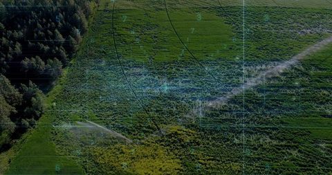 Digital Overcast View of Irrigated Farmland with Sprinklers and Pathway