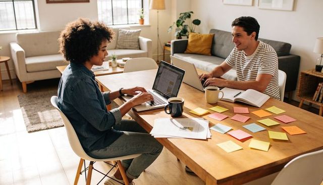 Remote work duo collaborating at home with laptops, sticky notes and coffee for brainstorming