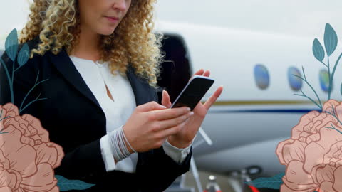 Businesswoman Using Smartphone Near Private Jet