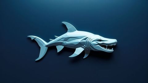 Stylized low-poly megalodon shark against dark blue gradient backdrop