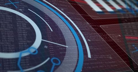 Futuristic Circular HUD Dashboard Overlaying Code Panels and Analytics Graphs